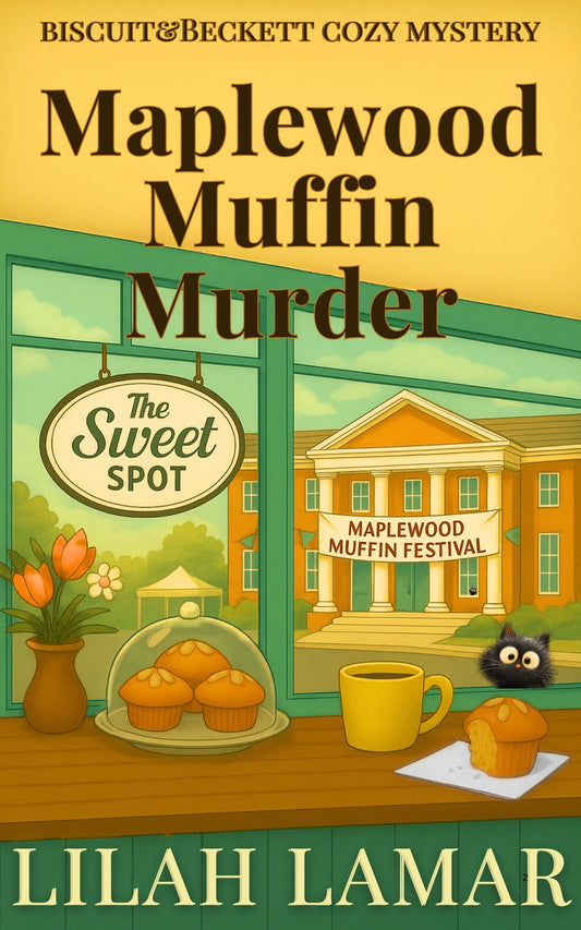 Cozy mystery ebook cover – Maplewood Muffin Murder by Lilah Lamar featuring a black cat sleuth